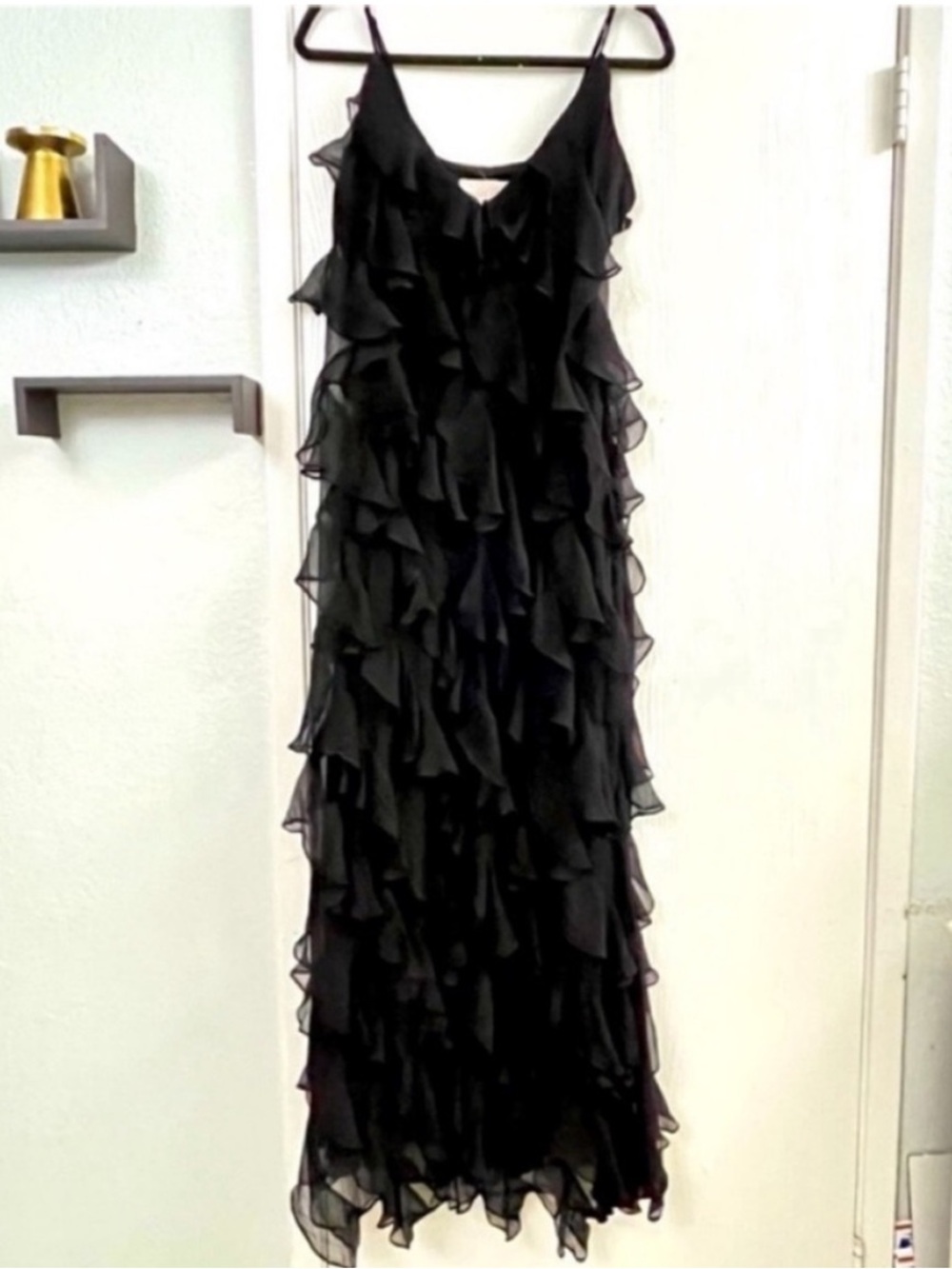 BHLDN Jia Bias-Cut Ruffle Black Maxi Dress - Elegant Women's Evening Dress Sz 10